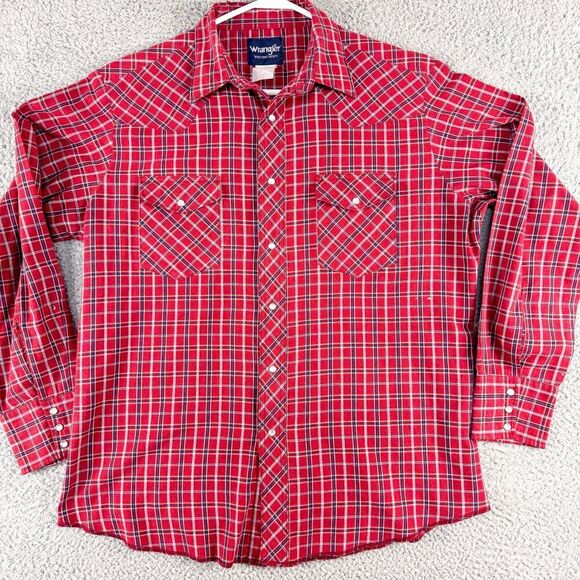 Wrangler Western Shirt Mens Large Red Blue Plaid Pearl Snap Cowboy Ranch‎ Farm - Picture 1 of 14